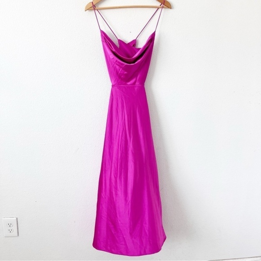 Runaway The Label Magenta Satin Midi Dress Draped Front Cowl Neck Slip Formal - Picture 2 of 9